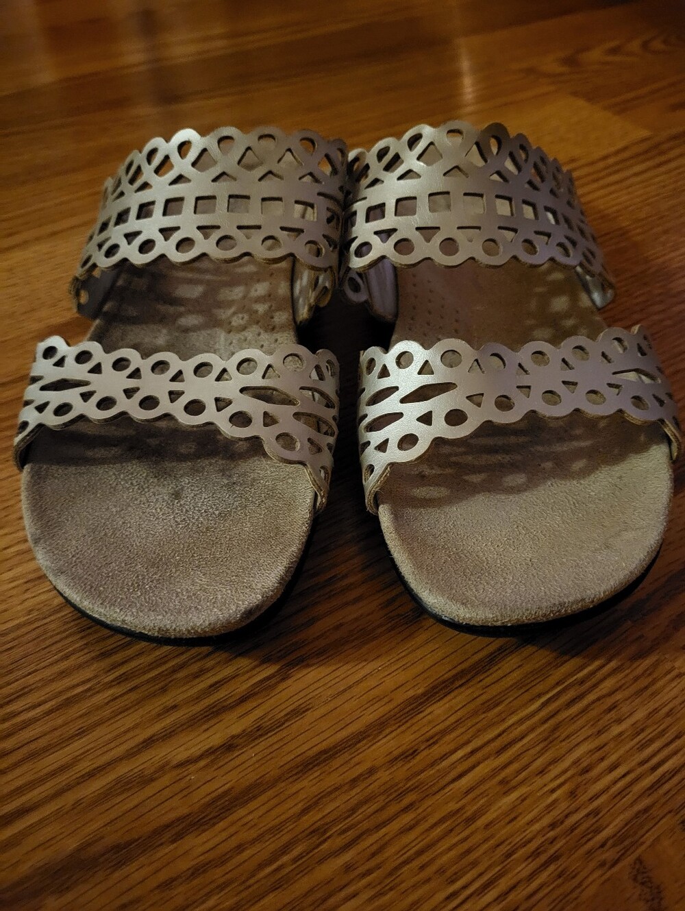 croft & barrow Champagne Metallic Taupe Laser-Cut Double Strap Slide Sandals, 8